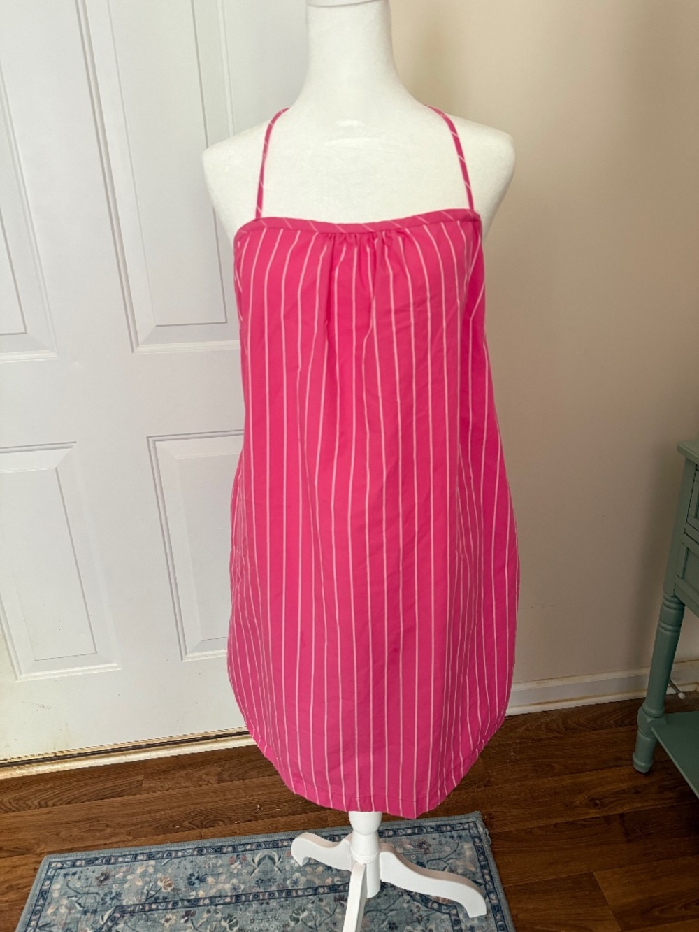A New Day Pink & White Stripe Halter Dress Crisscross Straps, Size L